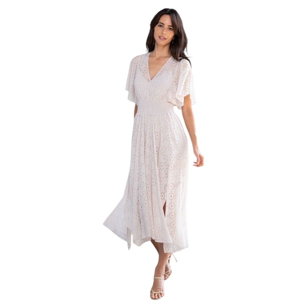 NWT Lovestitch Women M Maxi It Is All Love Gold Metallic Bone Greige Chiffon‎